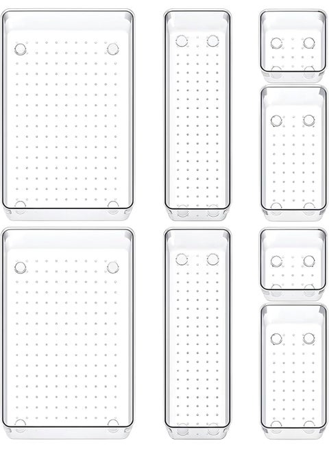 8 Pack Desk Drawer Organizers, Clear Drawer Organizers, Toiletry and Storage Organizers, Non-Slip Plastic Drawer Organizer for Makeup, Bathroom, Kitchen and Office